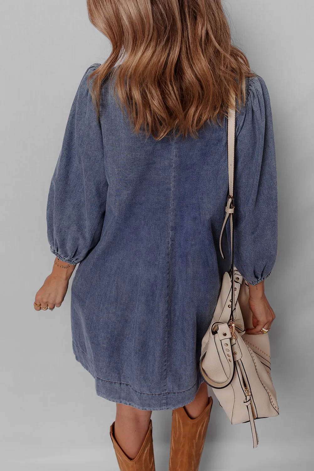 3/4 Sleeve Tied V-Neck Pleated Denim Mini Dress sold by Beagle Boutique product image thumbnail 2