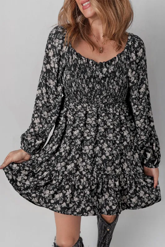 Black Floral Long Sleeve Frilly Shirred Square Neck Mini Dress sold by Beagle Boutique