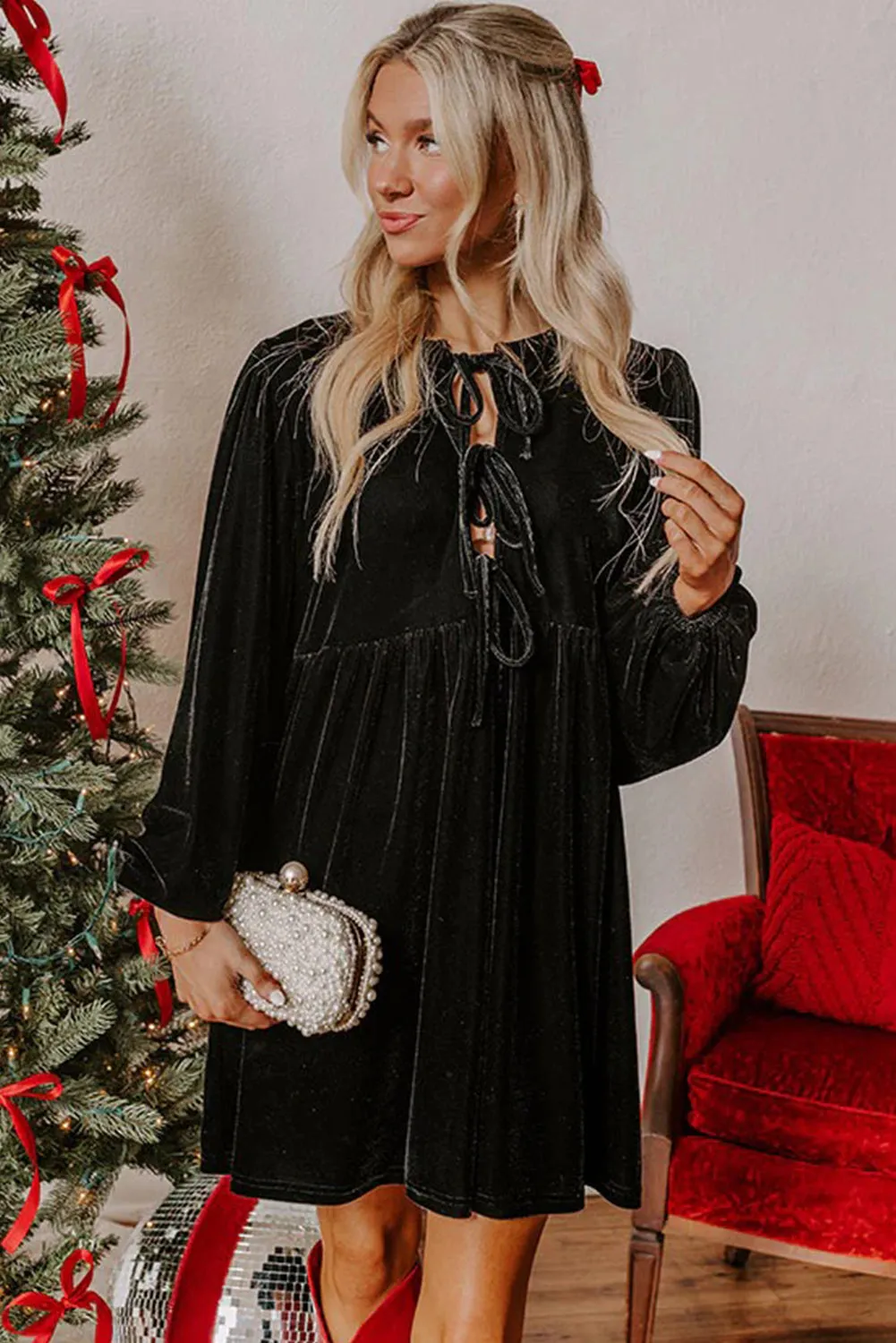 Front Tie Velvet Bubble Sleeve Mini Dress sold by Beagle Boutique product image thumbnail 4