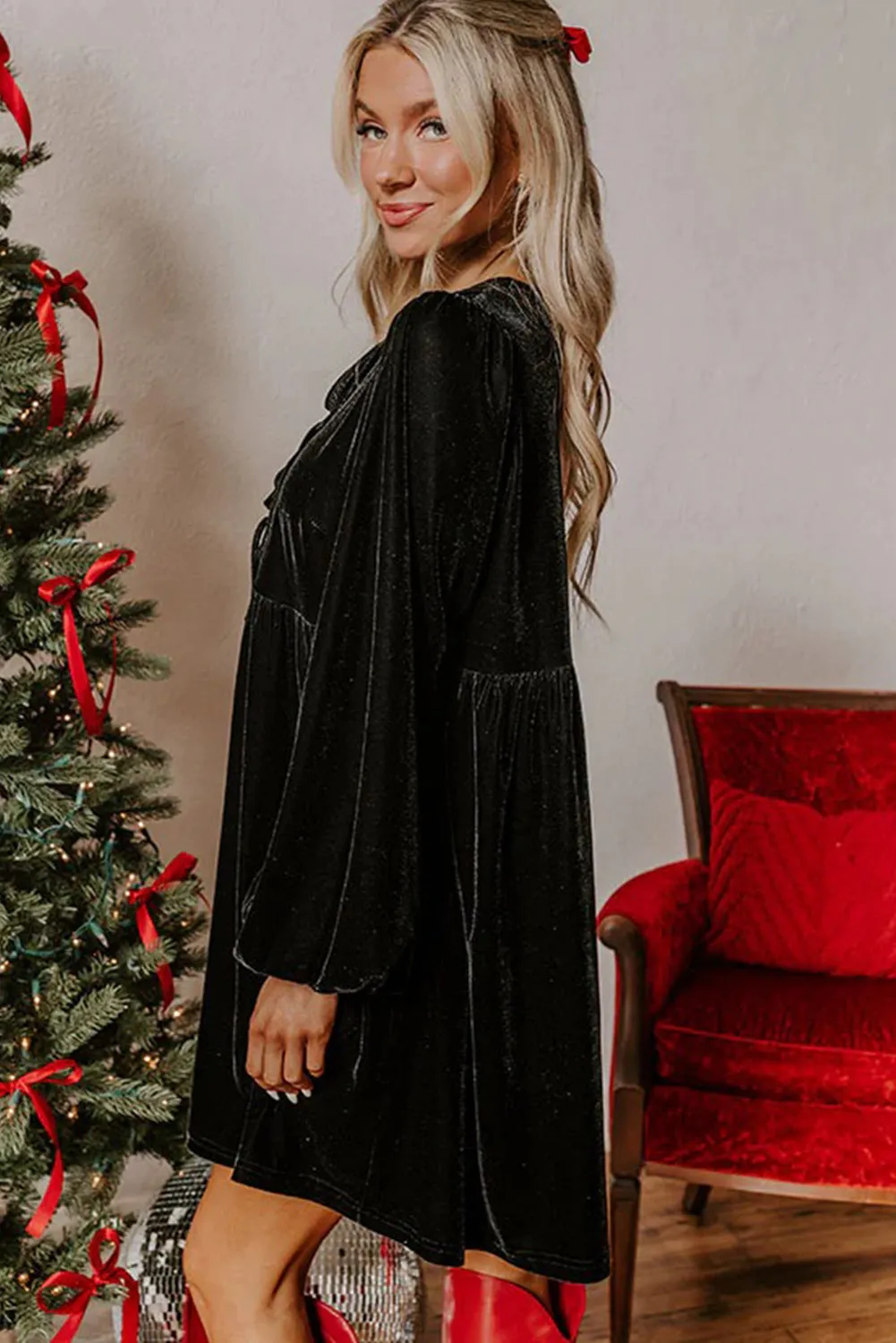 Front Tie Velvet Bubble Sleeve Mini Dress sold by Beagle Boutique product image thumbnail 3