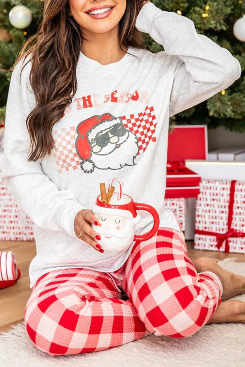 Christmas Claus Graphic Top Plaid Pants Pyjama Set sold by Beagle Boutique