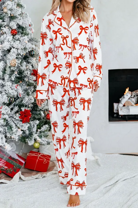 Red Christmas Bow Print Pyjama Set sold by Beagle Boutique