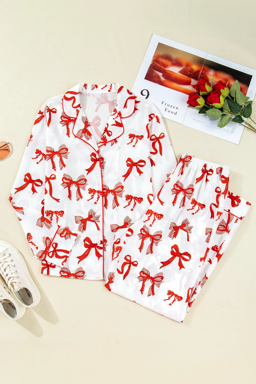 Red Christmas Bow Print Pyjama Set sold by Beagle Boutique product image thumbnail 4
