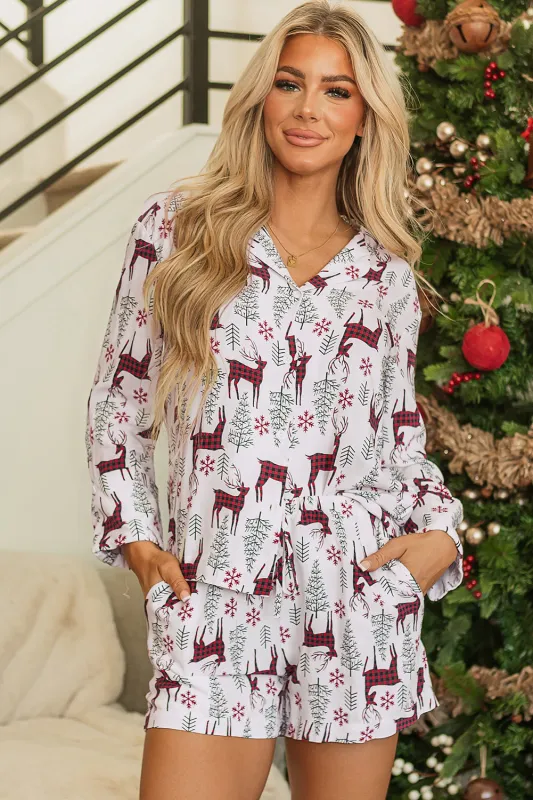 White Christmas Deer Print Shirt and Shorts Pyjama Set sold by Beagle Boutique
