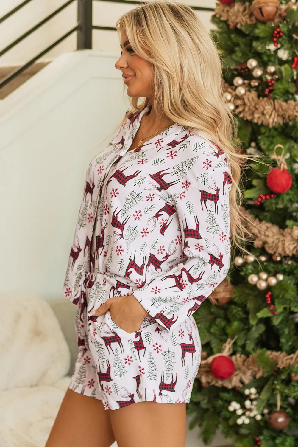 White Christmas Deer Print Shirt and Shorts Pyjama Set sold by Beagle Boutique product image thumbnail 3
