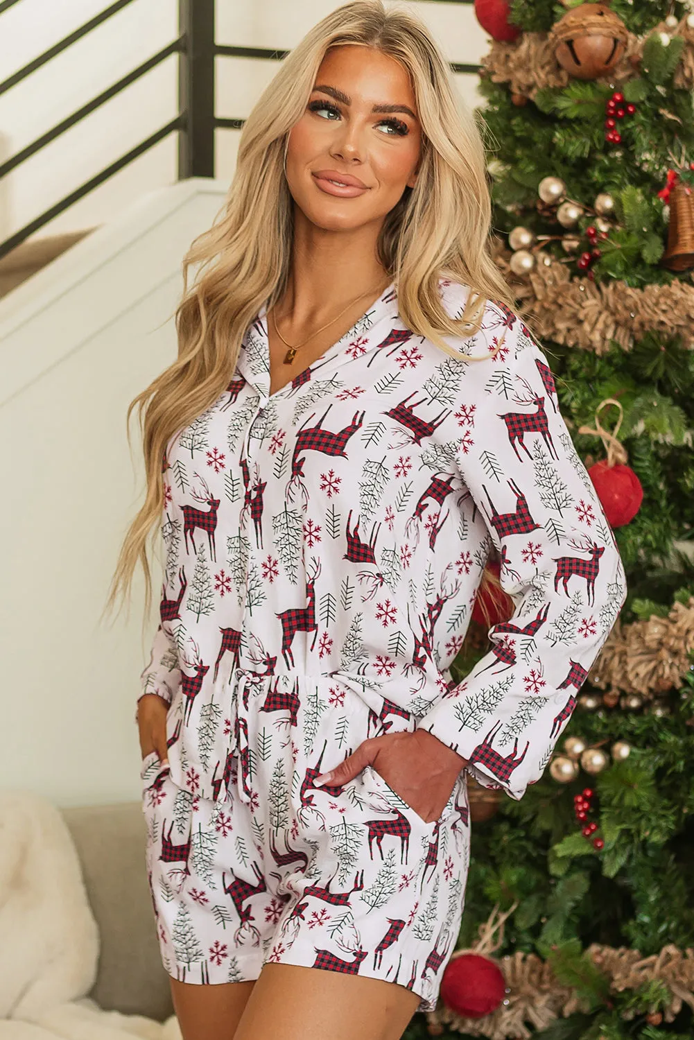 White Christmas Deer Print Shirt and Shorts Pyjama Set sold by Beagle Boutique product image thumbnail 4
