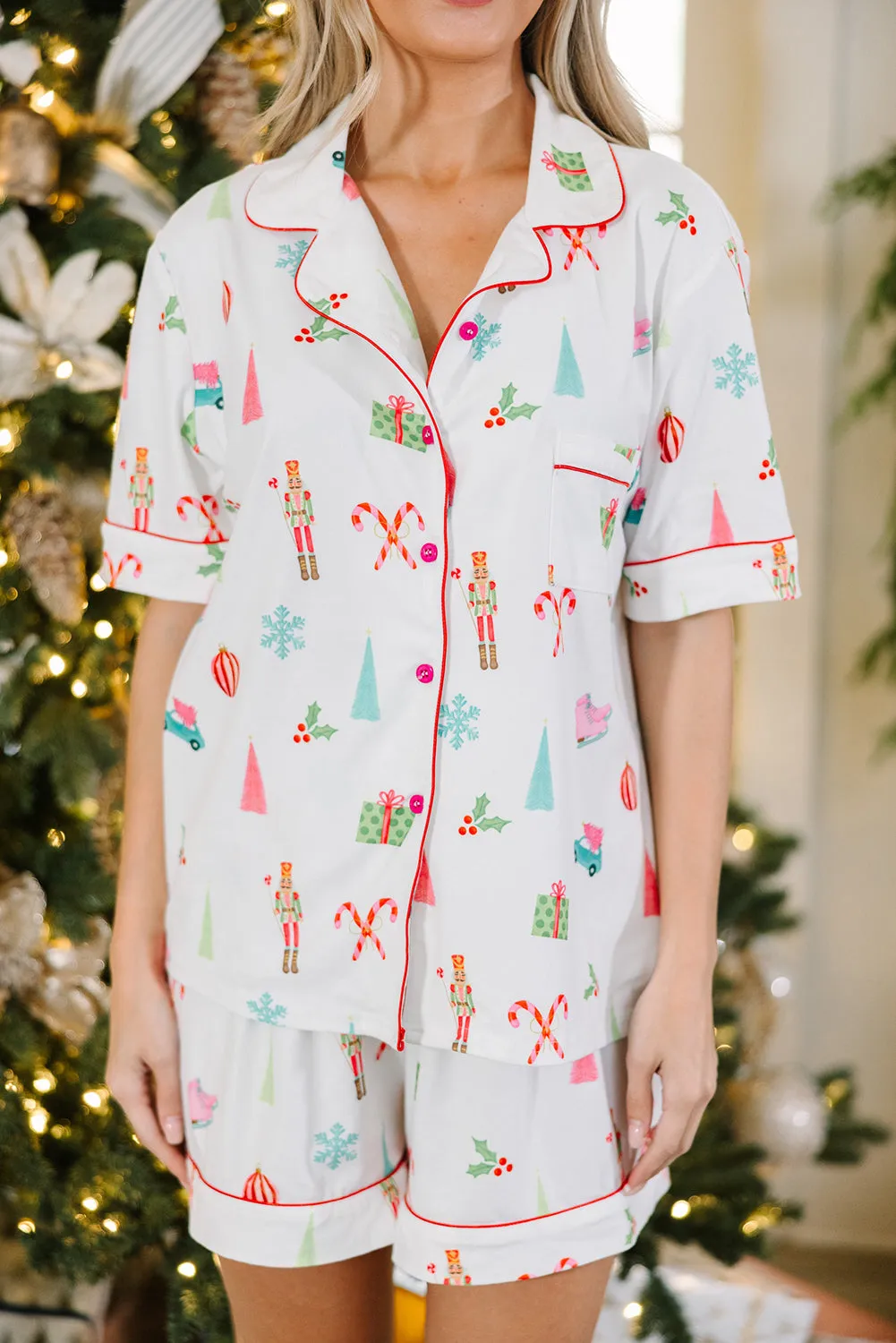 White Christmas Print Short Sleeve Shirt and Shorts Pyjama Set sold by Beagle Boutique product image thumbnail 5