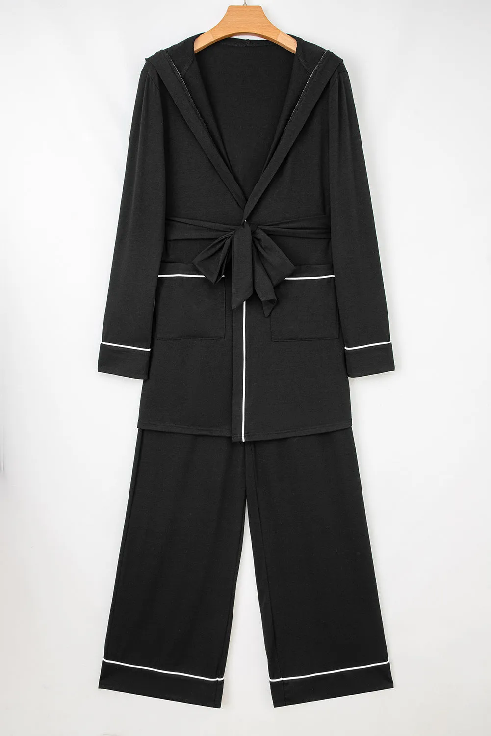 Black Contrast Trim Hooded Lounge Cardigan and Trousers Sleepwear Set sold by Beagle Boutique product image thumbnail 3