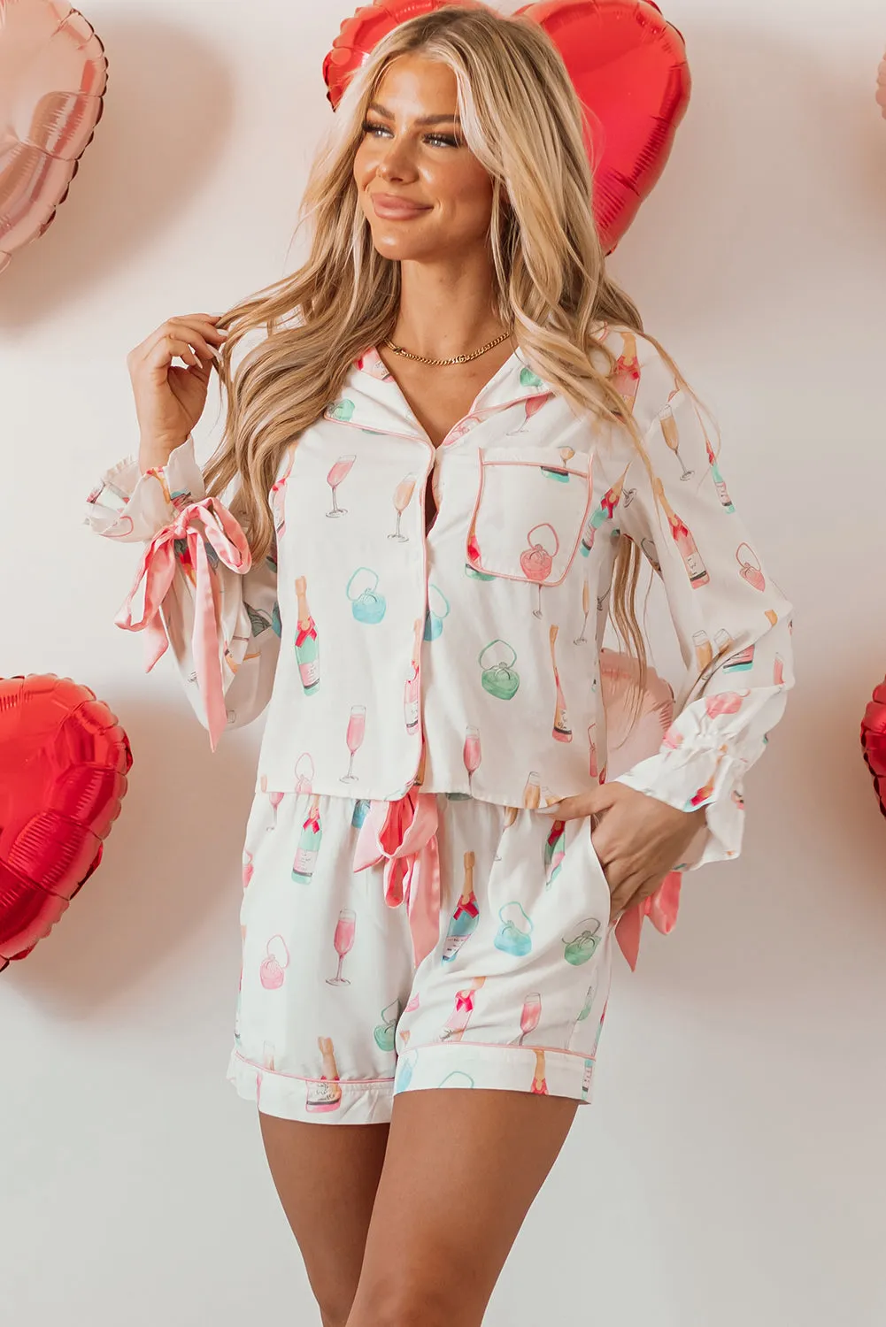 White Christmas Wine Glass Print Bow Knot Two Piece Pyjama Set sold by Beagle Boutique product image thumbnail 4
