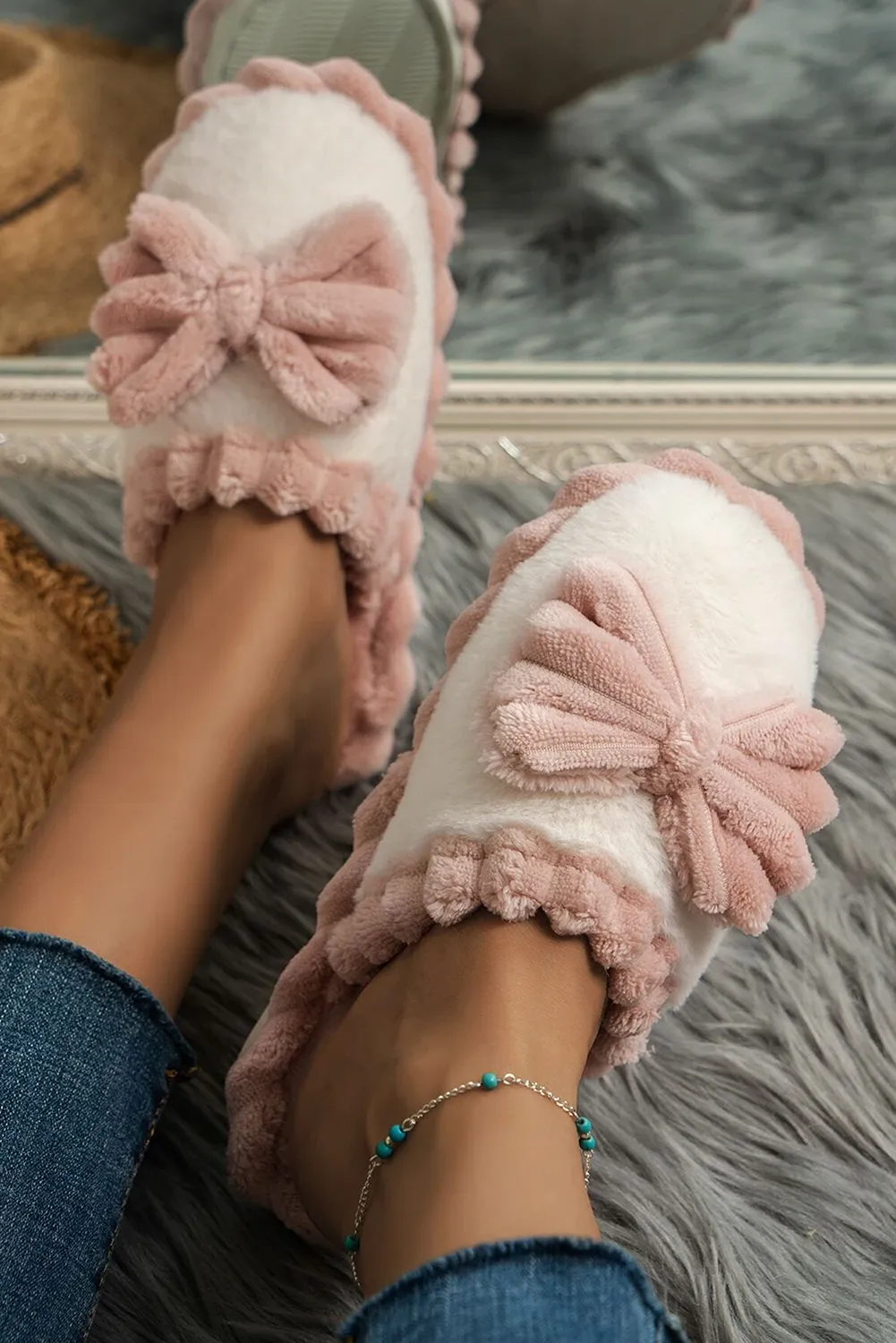 Bow Decor Rib Plush Slippers sold by Beagle Boutique