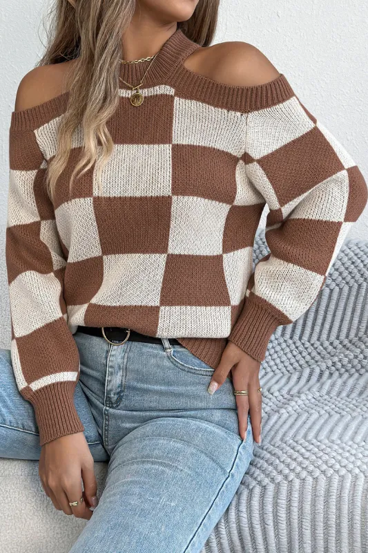 Coffee Off the Shoulder Checkered Sweater sold by Beagle Boutique