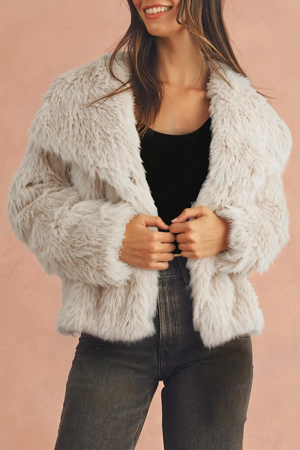 Cream Long Sleeve Thick Faux Fur Coat sold by Beagle Boutique product image thumbnail 4
