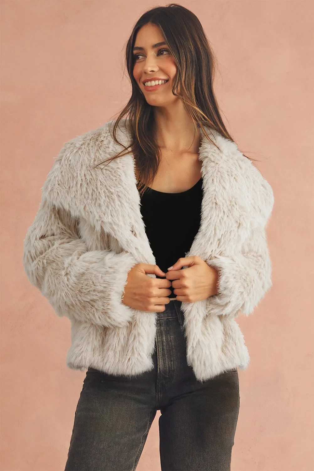 Cream Long Sleeve Thick Faux Fur Coat sold by Beagle Boutique product image thumbnail 3