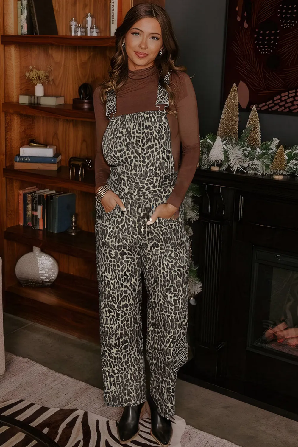 Leopard Print Straight Leg Loose Denim Jumpsuit Dungarees sold by Beagle Boutique product image thumbnail 3