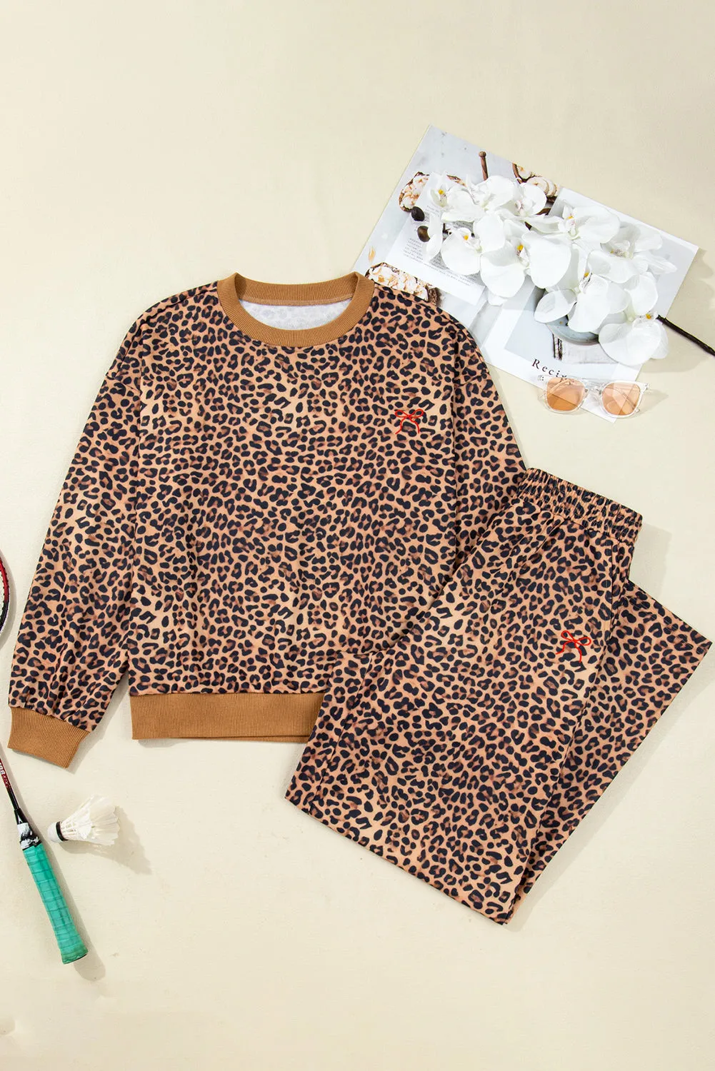 Leopard Pullover and Pants Co-ord Outfit with Bow Embroidery sold by Beagle Boutique product image thumbnail 4