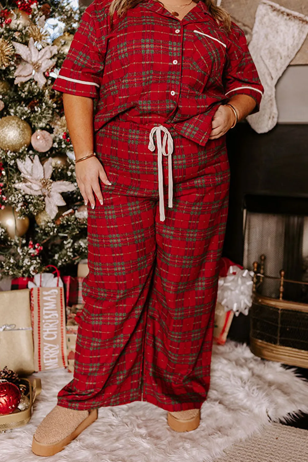 Plus Size Plaid Short Sleeve Shirt Pyjama Set sold by Beagle Boutique product image thumbnail 3