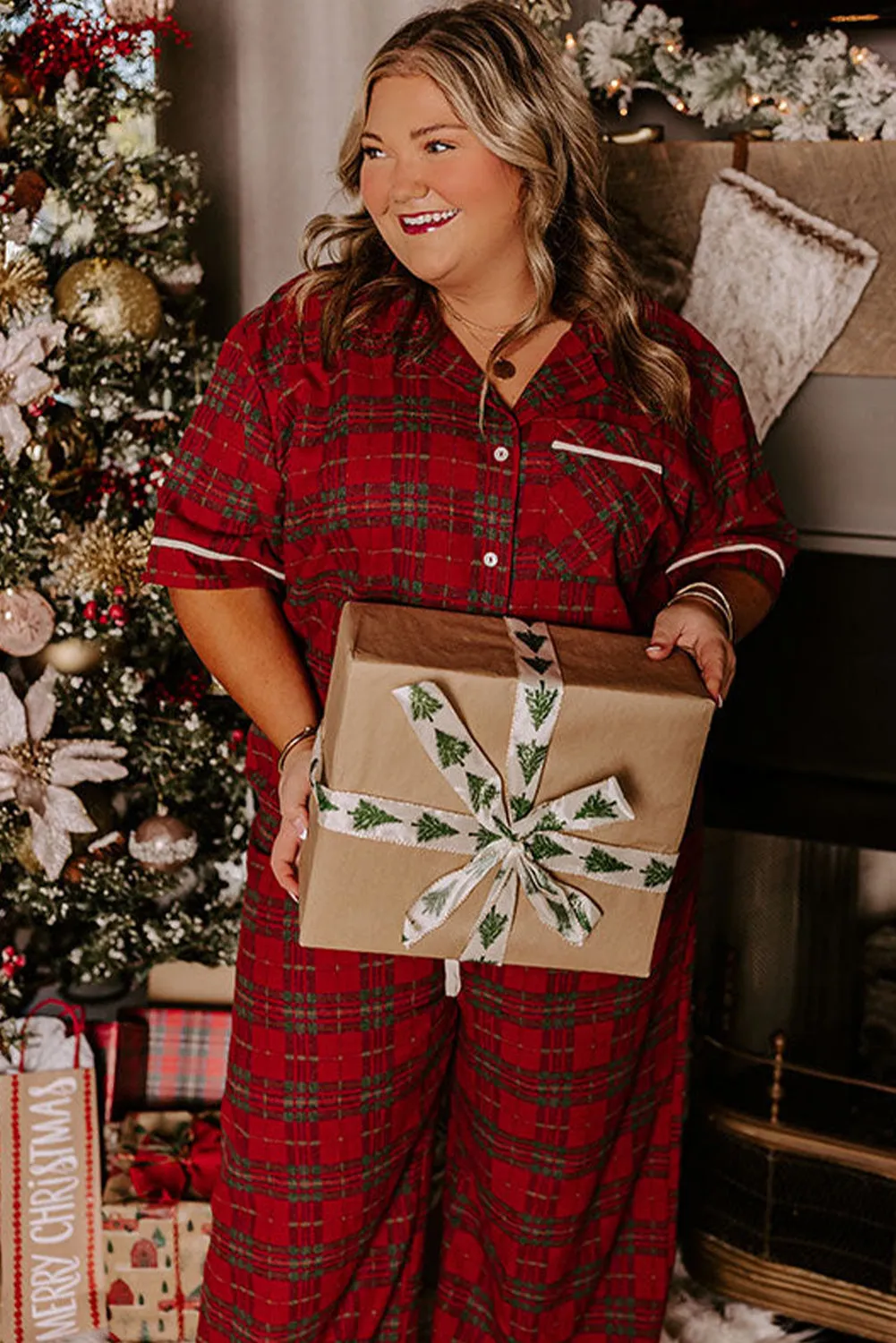 Plus Size Plaid Short Sleeve Shirt Pyjama Set sold by Beagle Boutique product image thumbnail 4