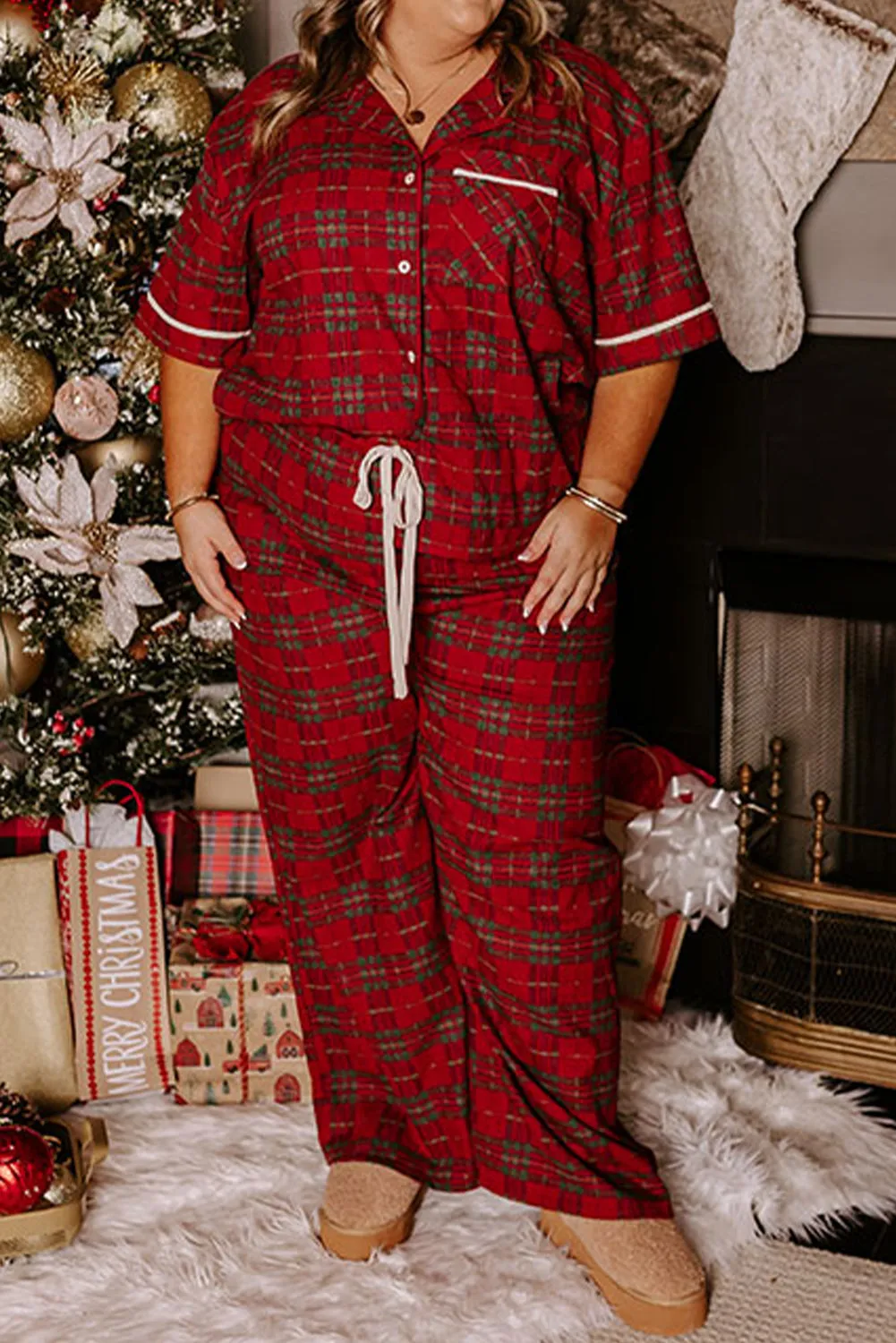 Plus Size Plaid Short Sleeve Shirt Pyjama Set sold by Beagle Boutique