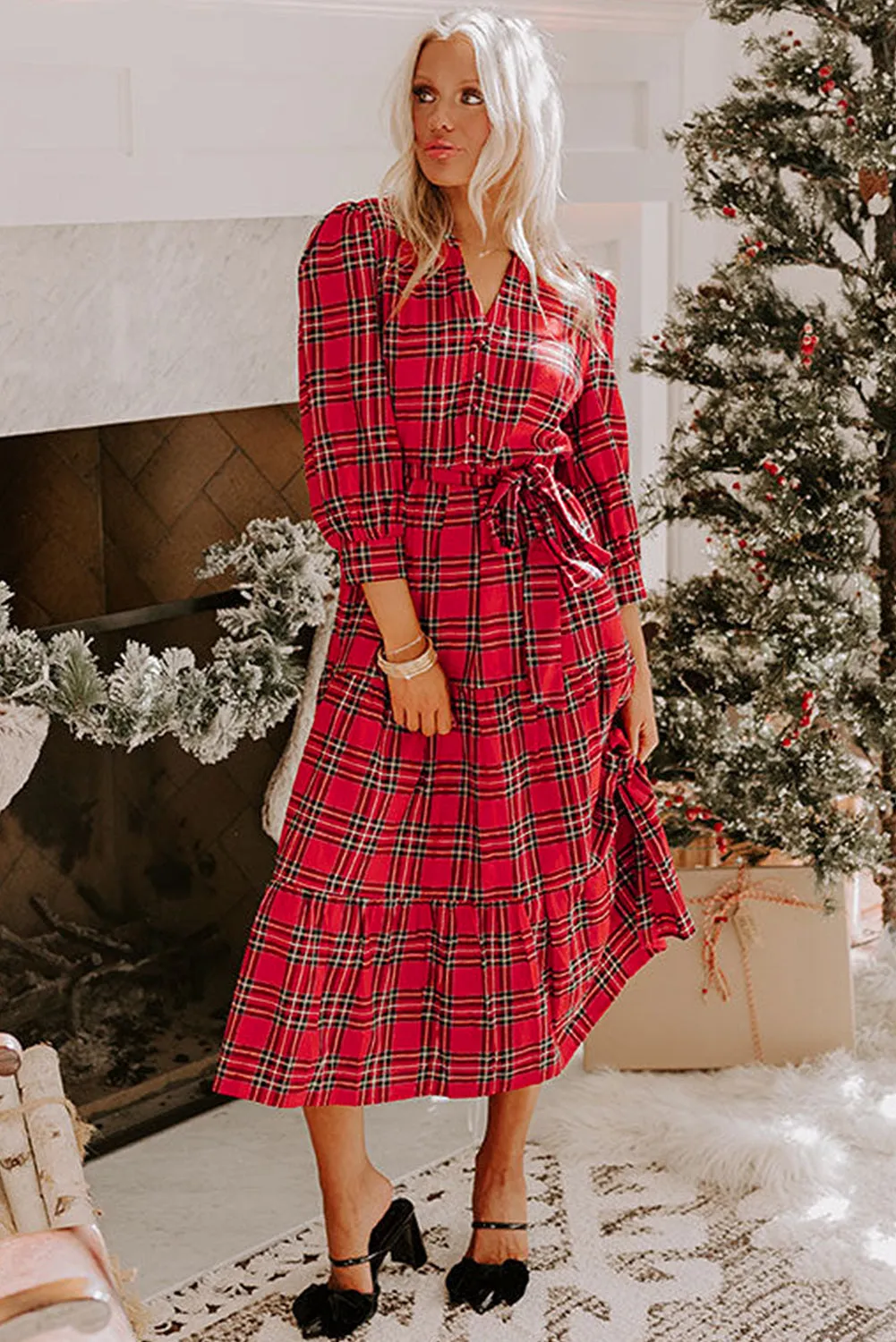 Christmas Plaid Print V-Neck 3/4 Sleeve Tie Waist Long Dress sold by Beagle Boutique product image thumbnail 4