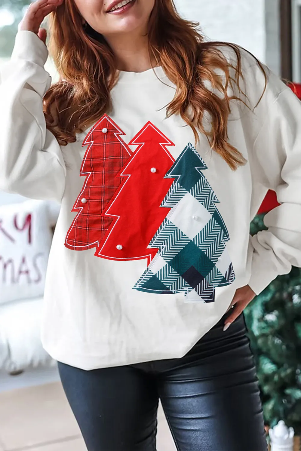 Pearl Plaid Christmas Tree Patched Drop Shoulder Sweatshirt sold by Beagle Boutique