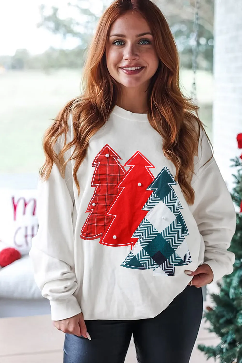 Pearl Plaid Christmas Tree Patched Drop Shoulder Sweatshirt sold by Beagle Boutique product image thumbnail 4