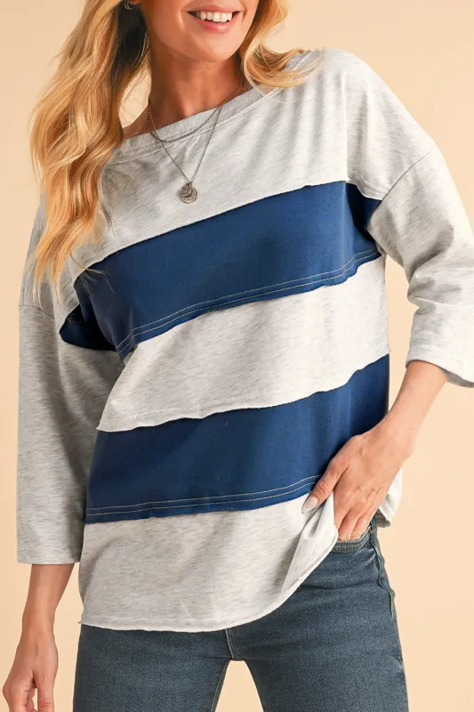 Striped Patchwork 3/4 Sleeves Raw Edge Sweatshirt sold by Beagle Boutique