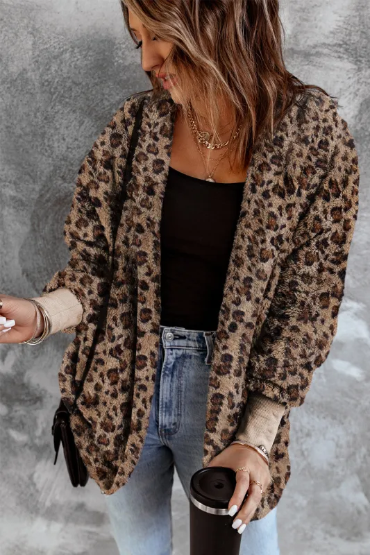 Leopard Soft Fleece Hooded Open Front Jacket sold by Beagle Boutique