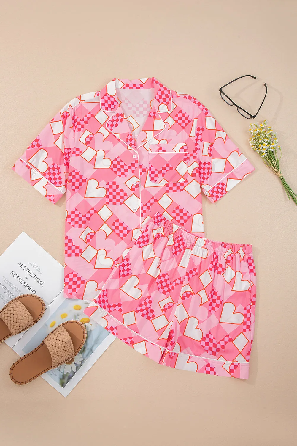 Heart Print Shirt Style Short Pyjama Set sold by Beagle Boutique product image thumbnail 3