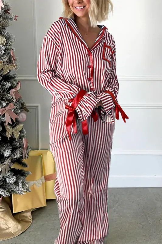 Striped Contrast Velvet Trim Bow Knot Waist Pyjama Set sold by Beagle Boutique
