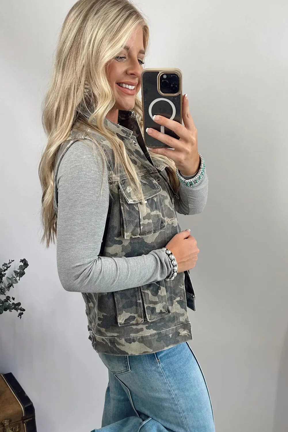 Green Camo Cargo Denim Vest sold by Beagle Boutique product image thumbnail 3