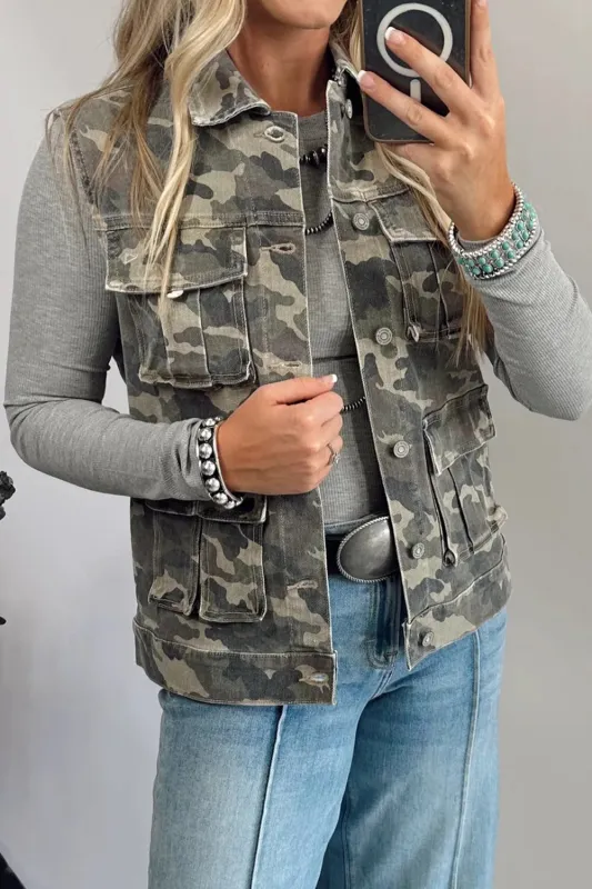 Green Camo Cargo Denim Vest sold by Beagle Boutique