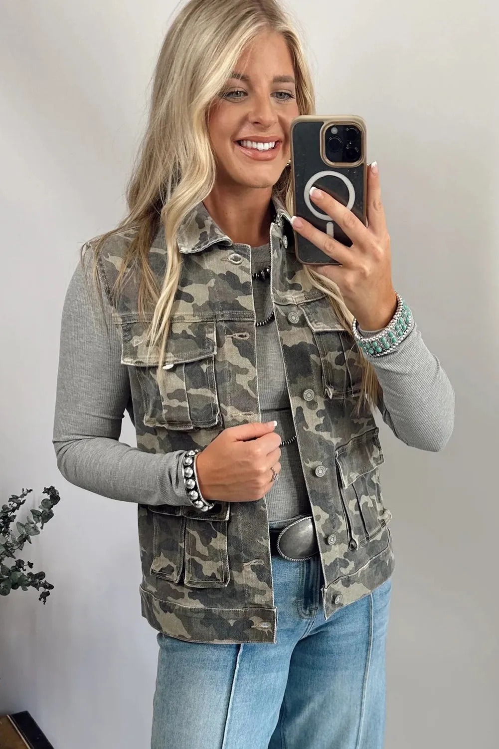 Green Camo Cargo Denim Vest sold by Beagle Boutique product image thumbnail 5