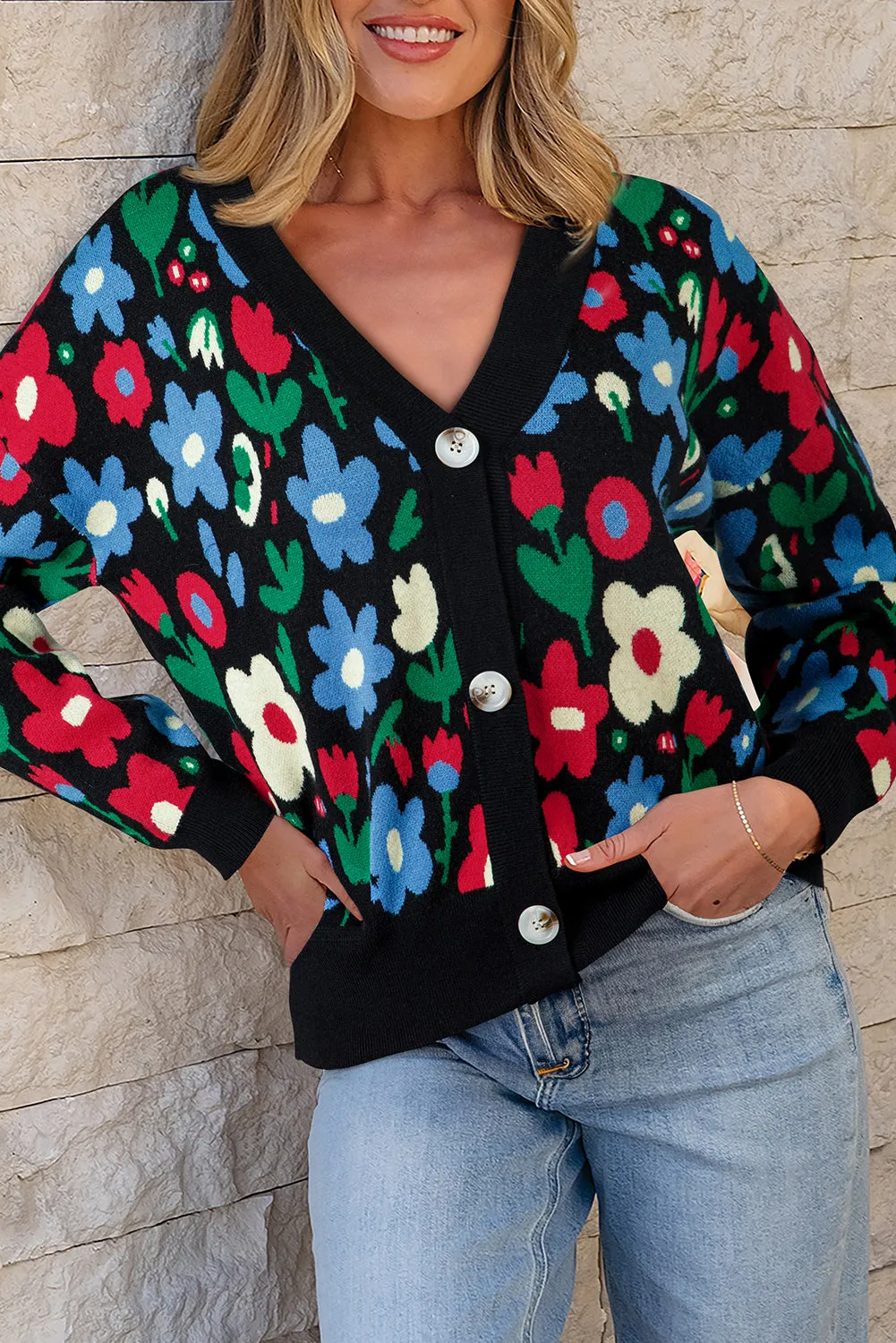 Floral Print V-Neck Buttoned Short Cardigan Sweater sold by Beagle Boutique