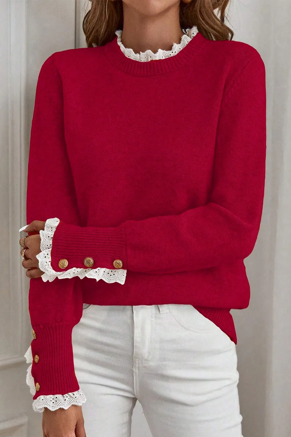 Lace Trim Sweater Patchwork Buttoned Cuffs Loose Sweater sold by Beagle Boutique