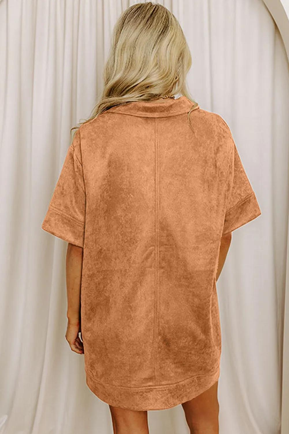 Collared V-Neck Faux Suede Short Sleeve Shift Mini Dress sold by Beagle Boutique product image thumbnail 2