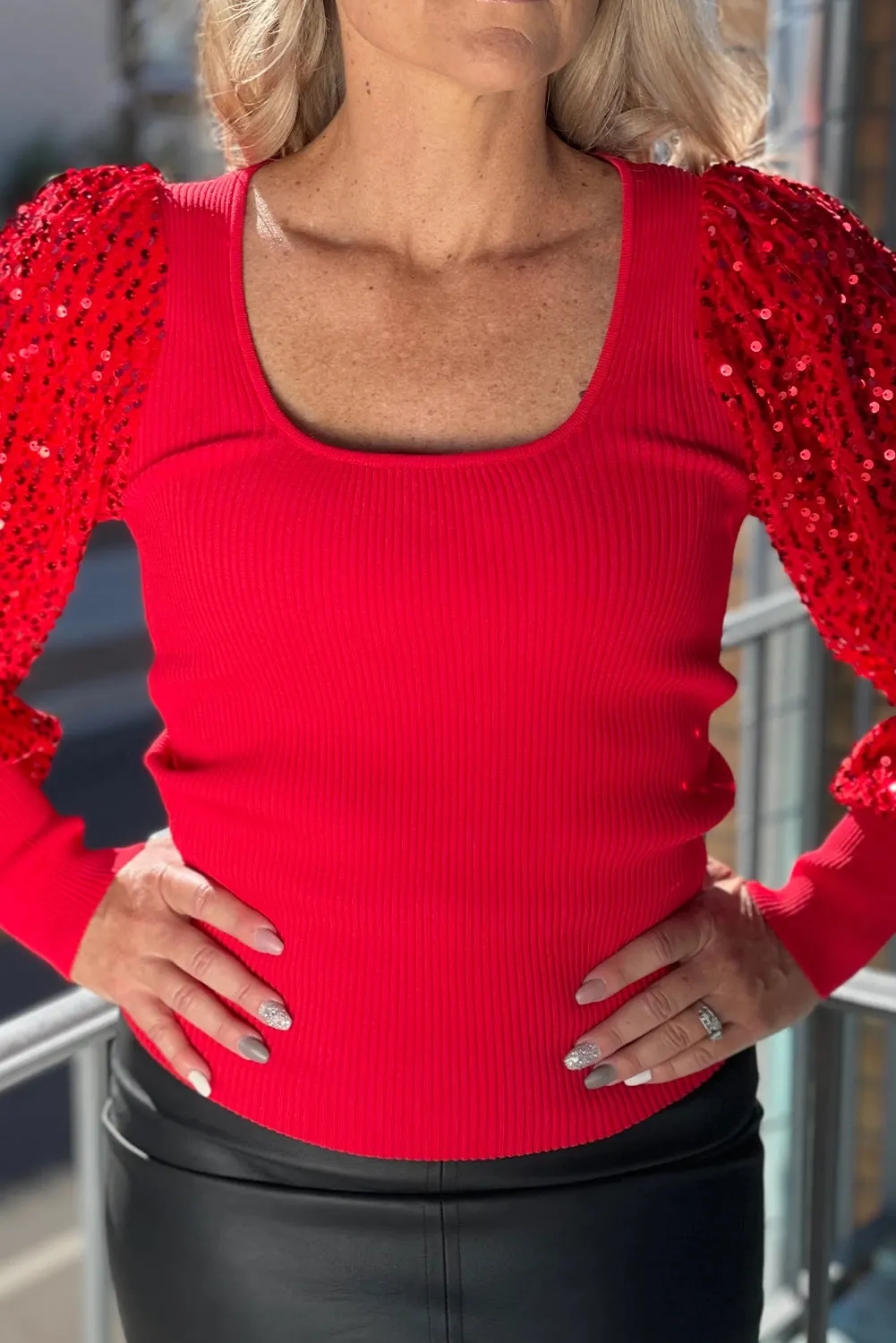 Sequin Sleeve Patchwork Rib Knit Square Neck Holiday Sweater sold by Beagle Boutique product image thumbnail 4