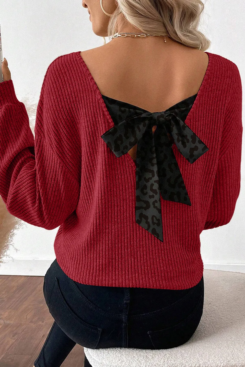 Ribbed V-Neck Contrast Ribbon Bow Back Drop Shoulder Long Sleeve Top sold by Beagle Boutique product image thumbnail 3