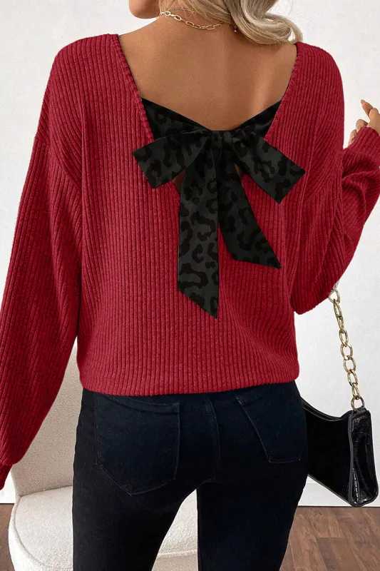 Ribbed V-Neck Contrast Ribbon Bow Back Drop Shoulder Long Sleeve Top sold by Beagle Boutique