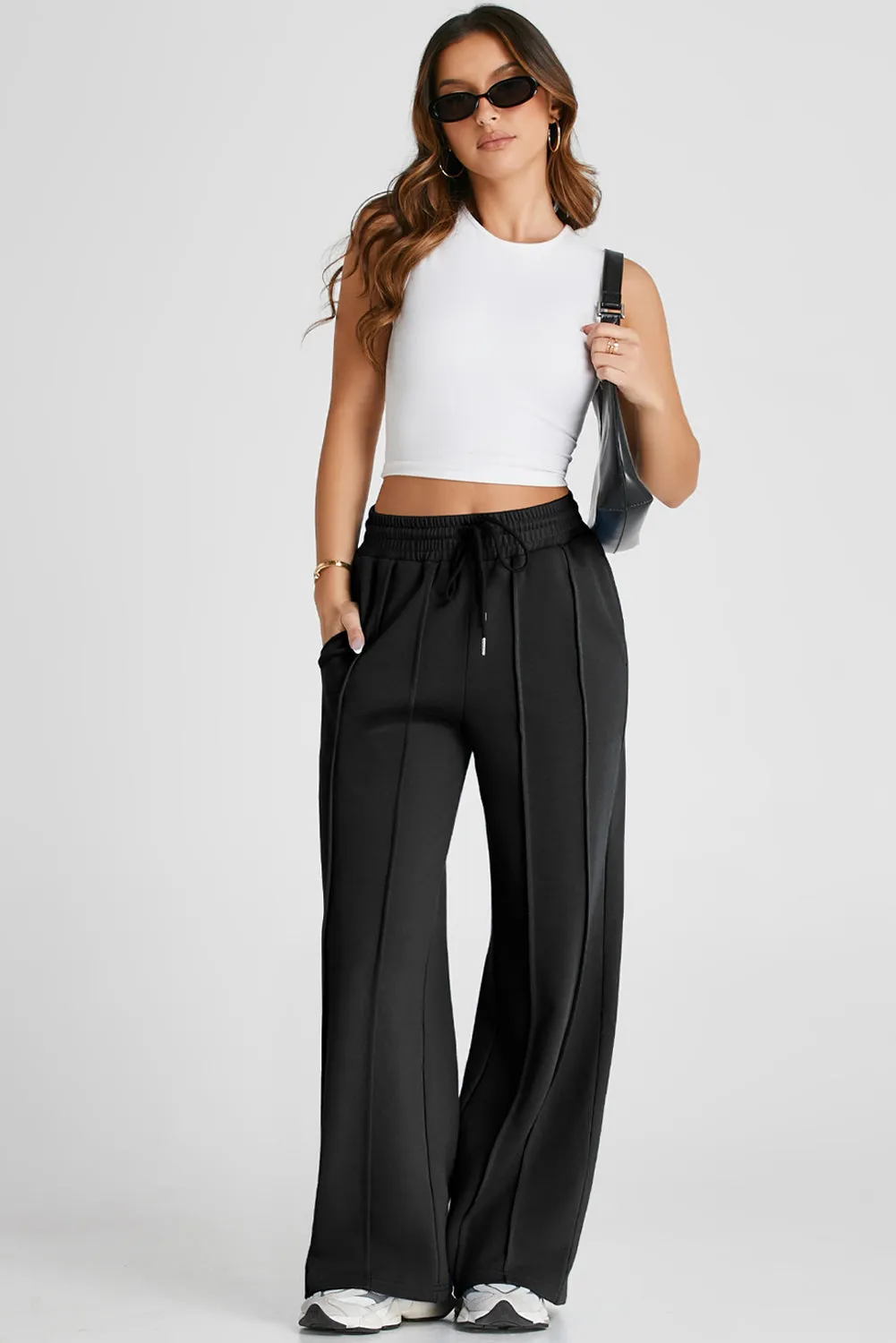 Black Seamed Drawstring High Waist Wide Leg Sweatpants sold by Beagle Boutique product image thumbnail 5