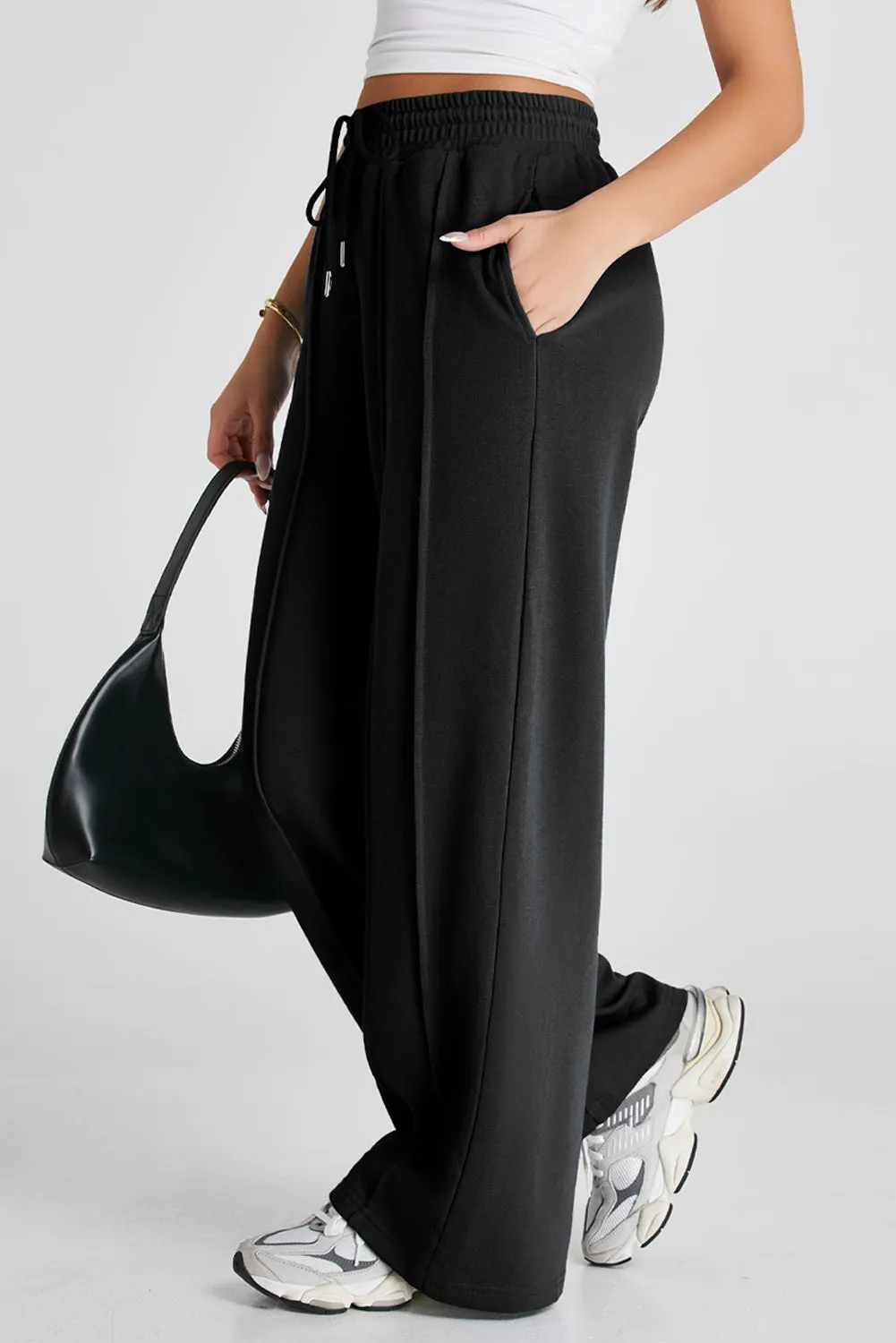Black Seamed Drawstring High Waist Wide Leg Sweatpants sold by Beagle Boutique product image thumbnail 3