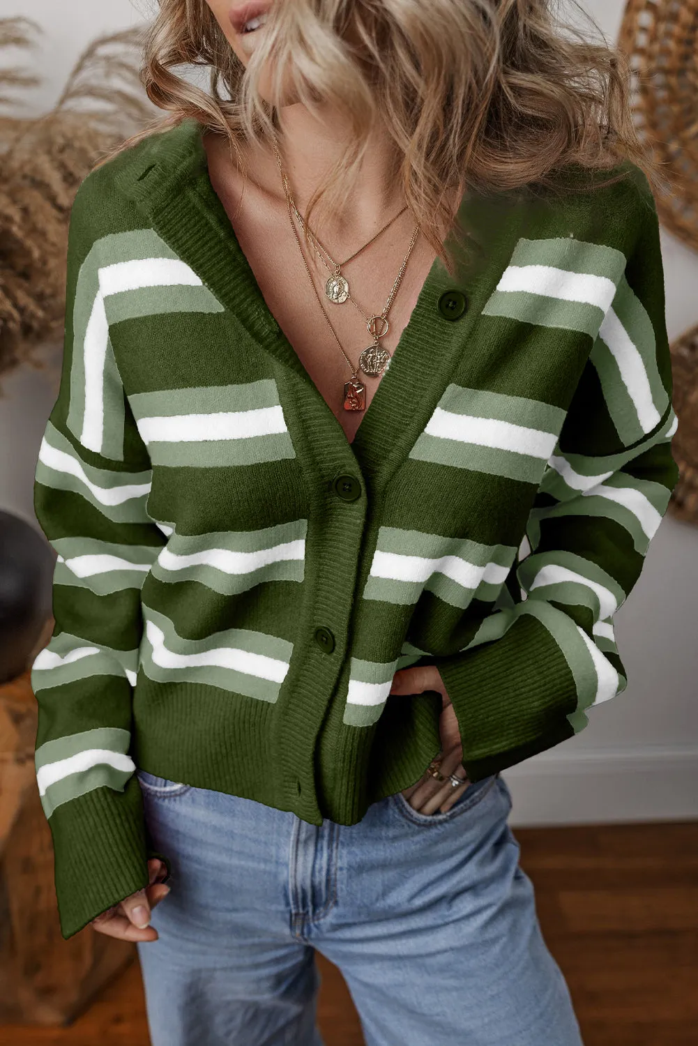 Green Stripe Drop Shoulder Cardigan sold by Beagle Boutique