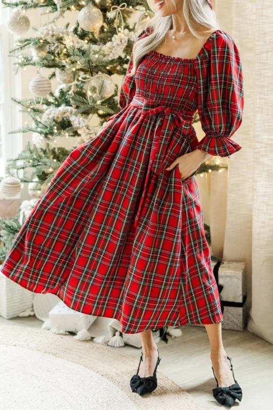Red Tartan Plaid Square Neck Puff Sleeve Knot Waist Flared Midi Dress sold by Beagle Boutique