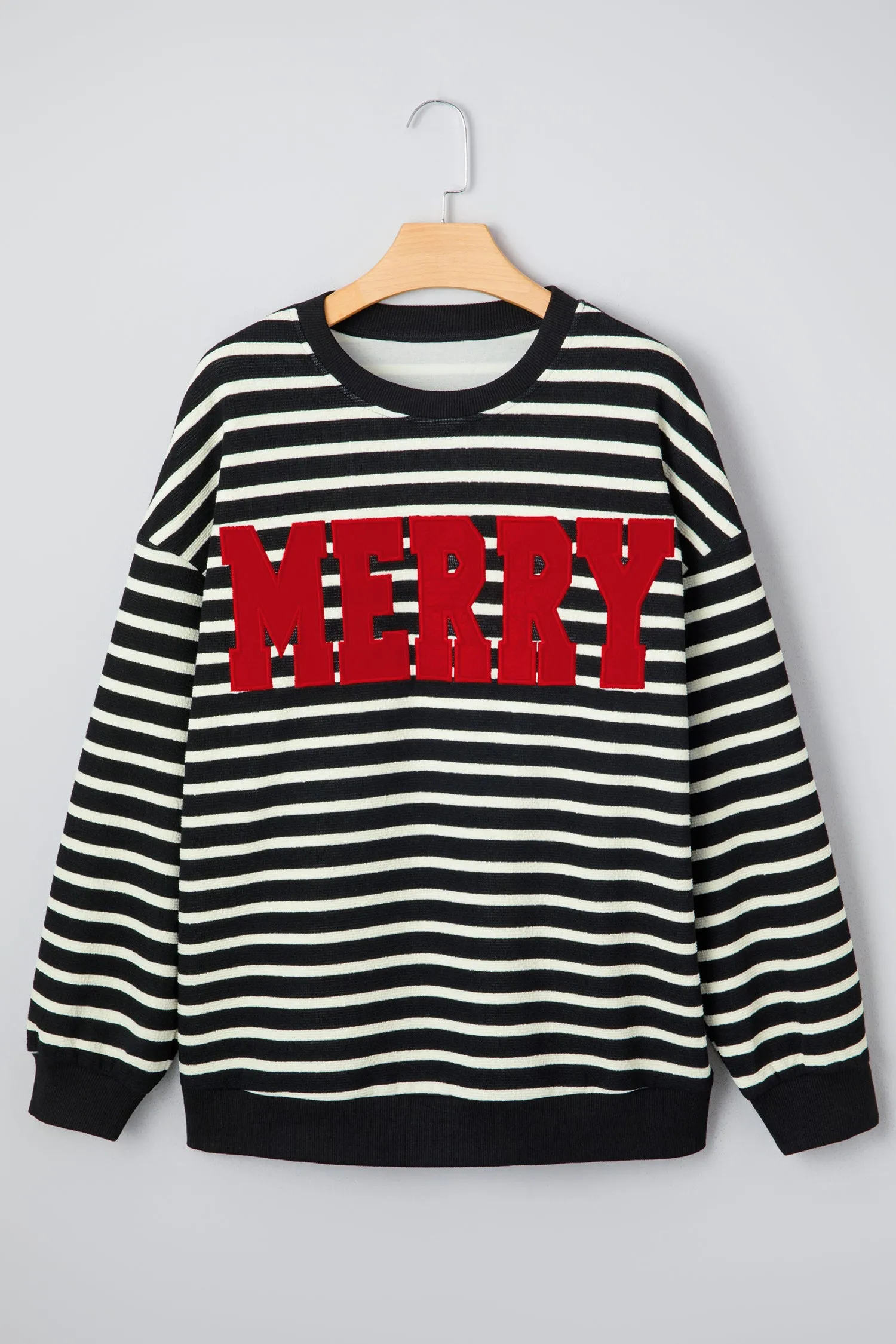 Black Stripe Contrast MERRY Letter Christmas Print Drop Shoulder Sweatshirt sold by Beagle Boutique product image thumbnail 4