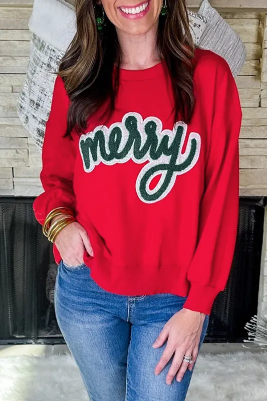 Fiery Red Merry Script Holiday Christmas Graphic Sweatshirt sold by Beagle Boutique