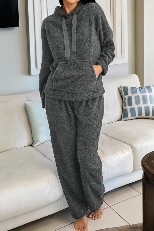 Grey Fuzzy Drawstring Hoodie Loungewear Co-ord Set sold by Beagle Boutique