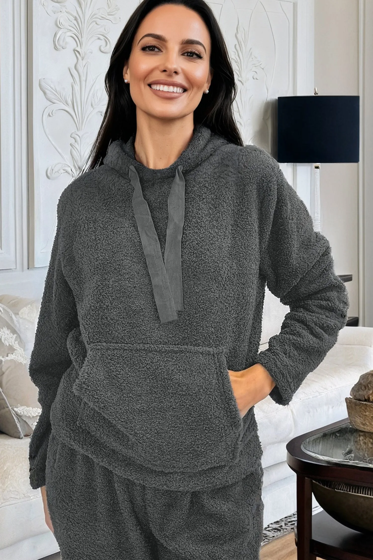 Grey Fuzzy Drawstring Hoodie Loungewear Co-ord Set sold by Beagle Boutique product image thumbnail 3