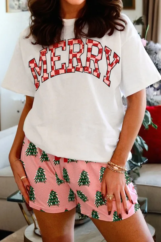 Checkered MERRY Graphic Christmas Tree Print Short Lounge Set sold by Beagle Boutique