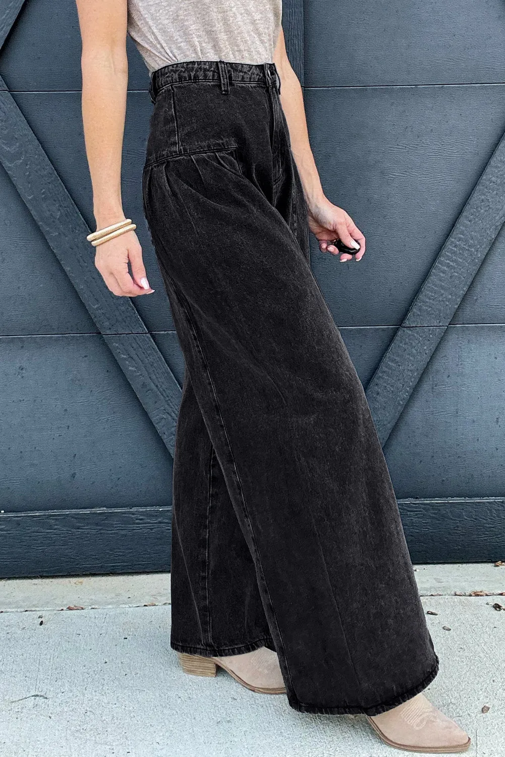 Pleated Wide Leg Mineral Wash Denim Pants sold by Beagle Boutique product image thumbnail 3
