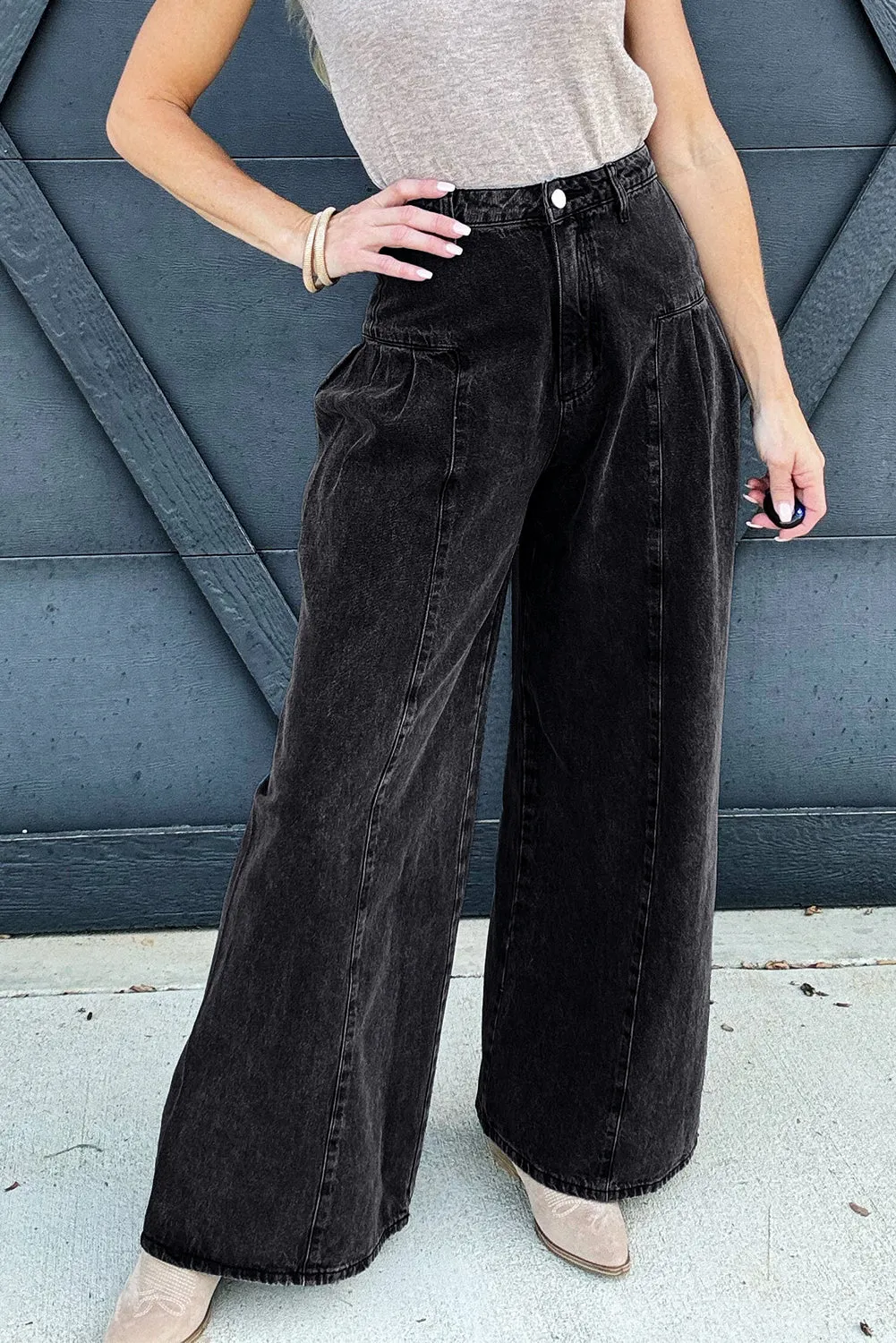 Pleated Wide Leg Mineral Wash Denim Pants sold by Beagle Boutique product image thumbnail 4