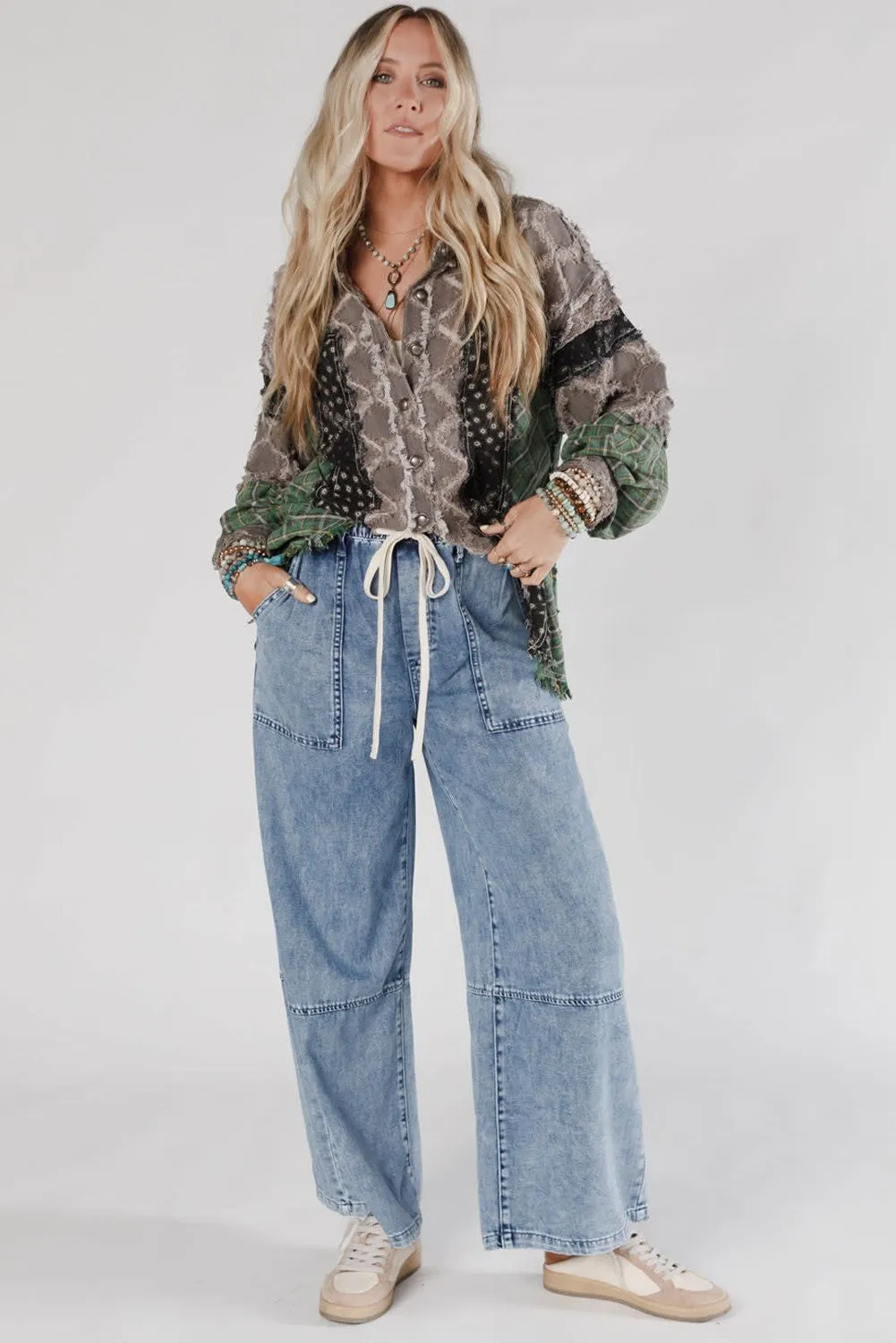Acid Wash Exposed Seam Drawstring Elastic Waistband Jeans sold by Beagle Boutique product image thumbnail 3